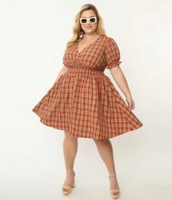 New Arrivals! Unique Vintage Plus Size Rust Red & Green Plaid Smocked Flare Dress
