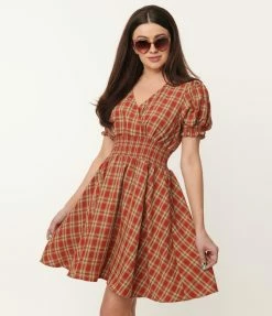 Unique Vintage Rust Red & Green Plaid Smocked Flare Dress Clothing