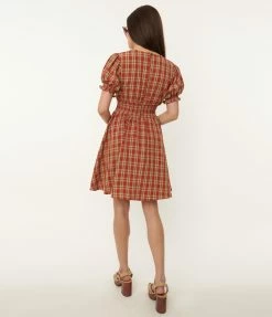 Unique Vintage Rust Red & Green Plaid Smocked Flare Dress Clothing
