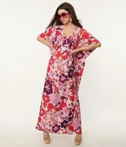 Unique Vintage Pink & Purple Floral Burton Caftan Dress Swimwear