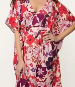 Unique Vintage Pink & Purple Floral Burton Caftan Dress Swimwear
