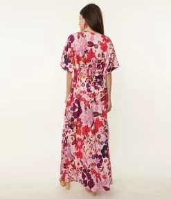 Unique Vintage Pink & Purple Floral Burton Caftan Dress Swimwear