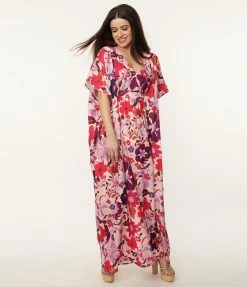 Unique Vintage Pink & Purple Floral Burton Caftan Dress Swimwear