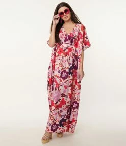 Unique Vintage Pink & Purple Floral Burton Caftan Dress Swimwear