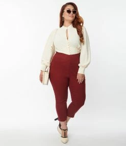 Unique Vintage Plus Size Burgundy V-Waist Crop Pants Trending