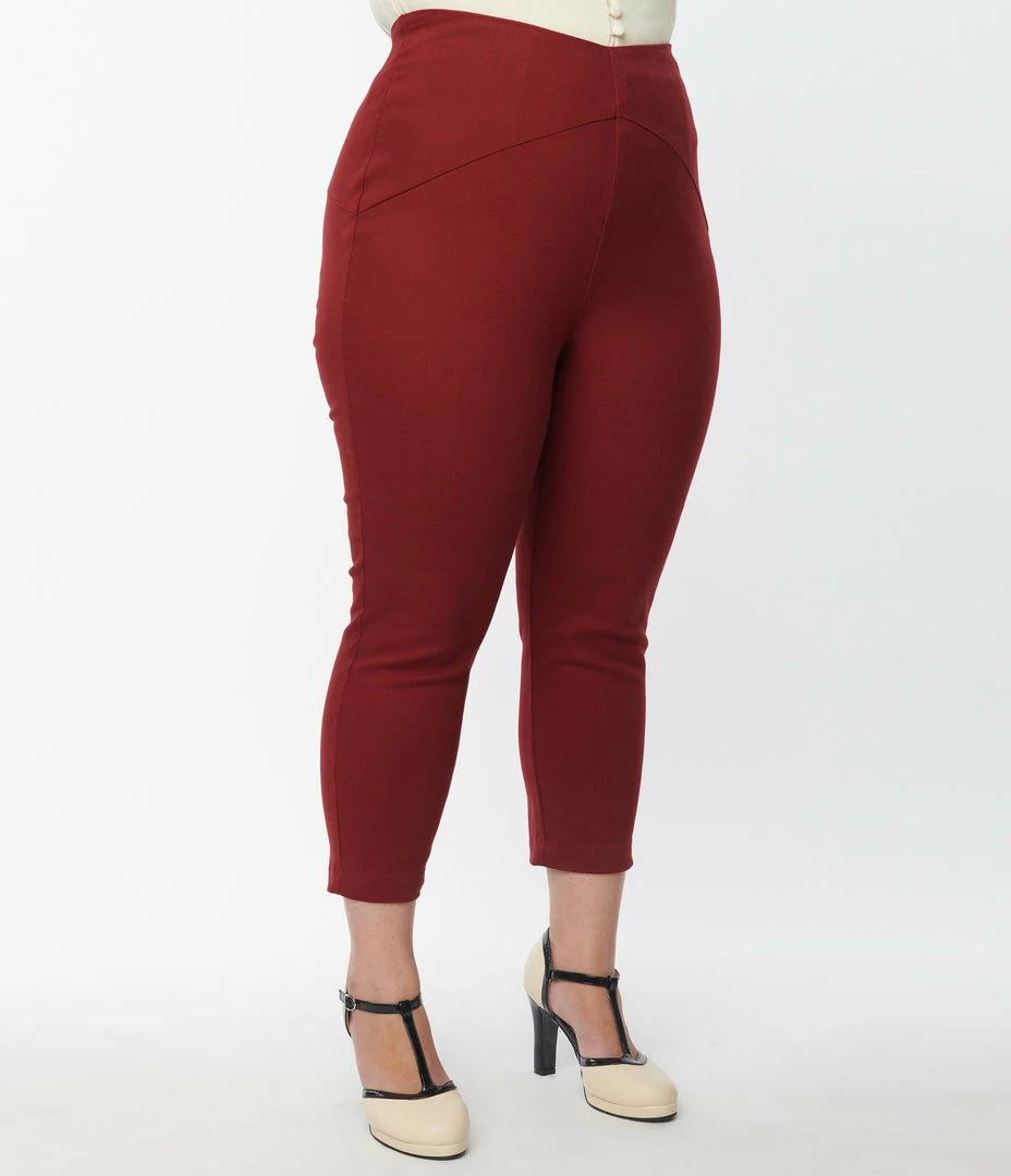 Unique Vintage Plus Size Burgundy V-Waist Crop Pants Trending