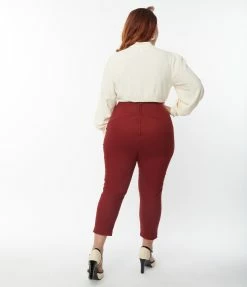 Unique Vintage Plus Size Burgundy V-Waist Crop Pants Trending