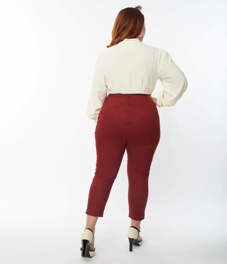 Unique Vintage Plus Size Burgundy V-Waist Crop Pants Trending