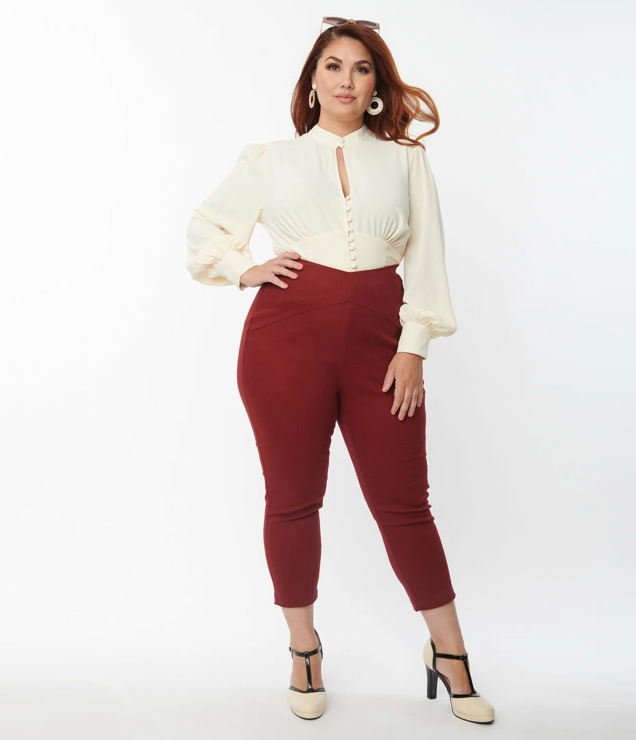 Unique Vintage Plus Size Burgundy V-Waist Crop Pants Trending