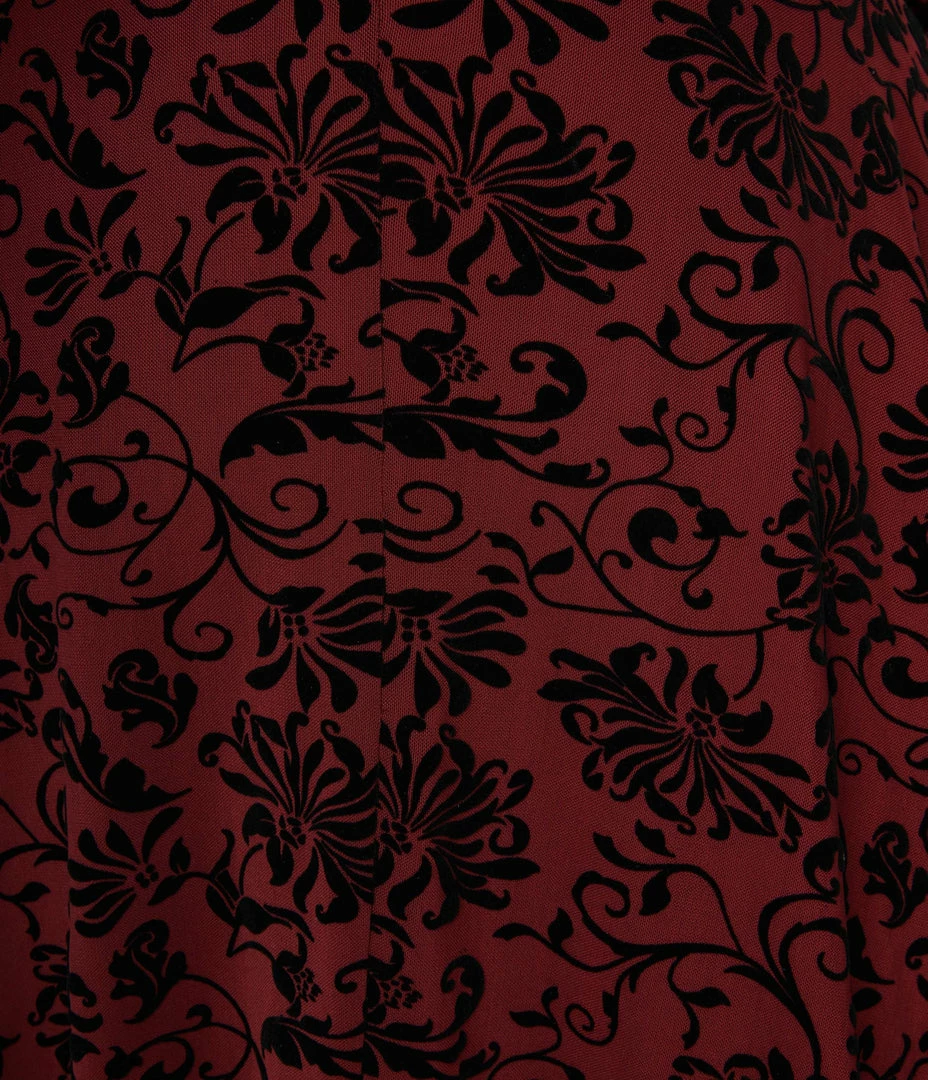 Unique Vintage Plus Size Burgundy Velvet Floral Burnout Leota Swing Dress