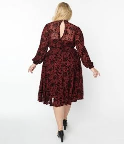 Unique Vintage Plus Size Burgundy Velvet Floral Burnout Leota Swing Dress