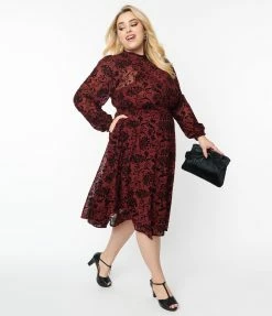 Unique Vintage Plus Size Burgundy Velvet Floral Burnout Leota Swing Dress