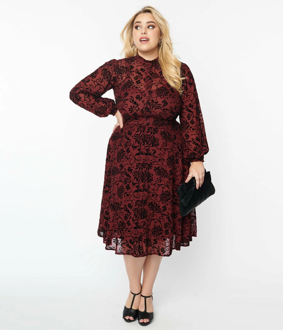 Unique Vintage Plus Size Burgundy Velvet Floral Burnout Leota Swing Dress