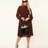New Arrivals! Unique Vintage Burgundy Velvet Floral Burnout Leota Swing Dress