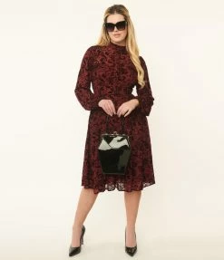 New Arrivals! Unique Vintage Burgundy Velvet Floral Burnout Leota Swing Dress
