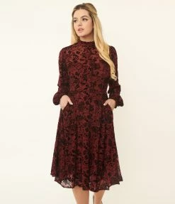 New Arrivals! Unique Vintage Burgundy Velvet Floral Burnout Leota Swing Dress