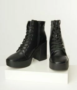 Joia Black Leatherette Chunky Ankle Boots