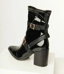 Joia Black Patent Leatherette Strappy Ankle Boots