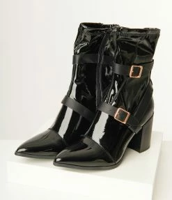 Joia Black Patent Leatherette Strappy Ankle Boots