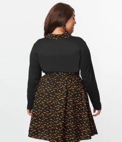 Sale Retrolicious Plus Size Black & Orange Bats Collared Top