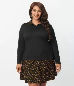 Sale Retrolicious Plus Size Black & Orange Bats Collared Top