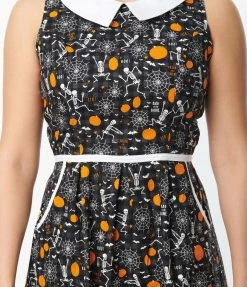 Retrolicious Black & Silly Skeleton Print Flare Dress