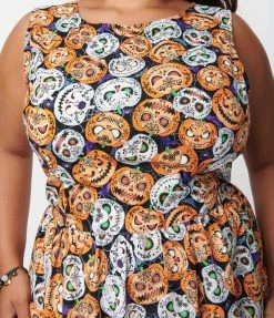 Retrolicious Plus Size Black & Spooky Pumpkins Flare Dress Sale
