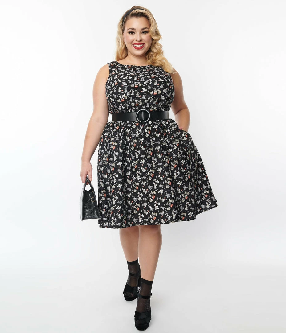 Retrolicious Plus Size Black & Spooky Pets Flare Dress