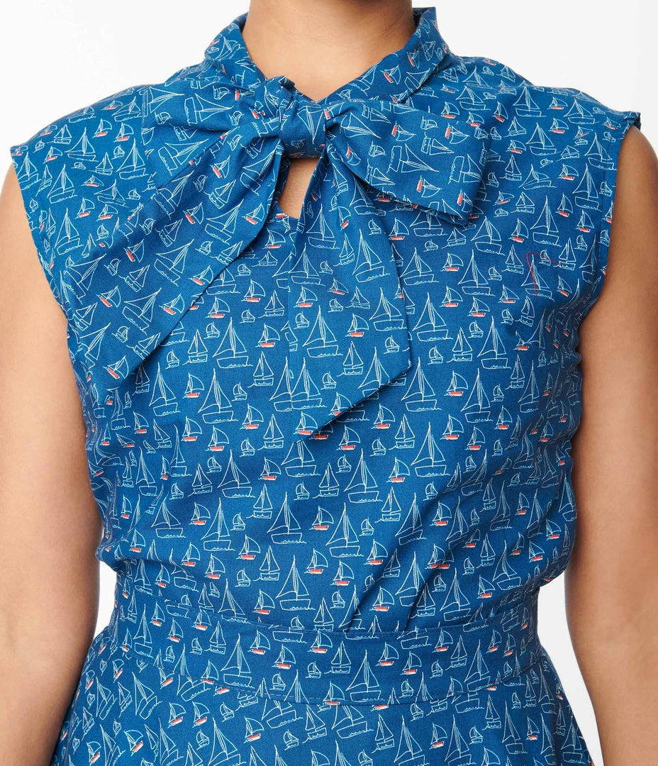 Retrolicious Navy Sailboats Bow Blouse Clothing
