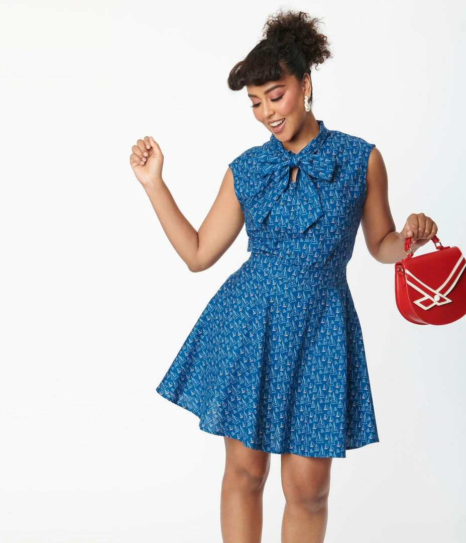 Retrolicious Navy Sailboats Bow Blouse Clothing