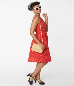 Sale Retrolicious Red Diamond & Floral Flare Dress