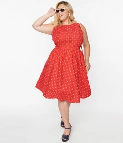 Retrolicious Plus Size Red Diamond & Floral Flare Dress Sale