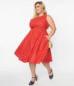 Retrolicious Plus Size Red Diamond & Floral Flare Dress Sale