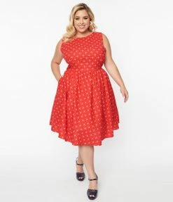 Retrolicious Plus Size Red Diamond & Floral Flare Dress Sale