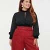 Unique Vintage Plus Size Black Chiffon & Corduroy Keyhole Button Waist Blouse