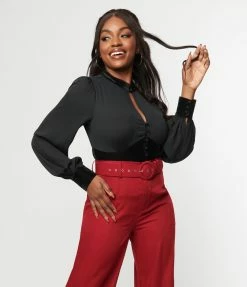 Unique Vintage Black Chiffon & Corduroy Keyhole Button Waist Blouse Trending