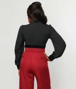 Unique Vintage Black Chiffon & Corduroy Keyhole Button Waist Blouse Trending