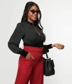 Unique Vintage Black Chiffon & Corduroy Keyhole Button Waist Blouse Trending