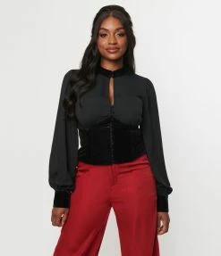 Unique Vintage Black Chiffon & Corduroy Keyhole Button Waist Blouse Trending