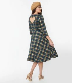 Lifestyle Group (UK) Ltd Navy & Yellow Plaid Heart Back Joy Swing Dress Clothing