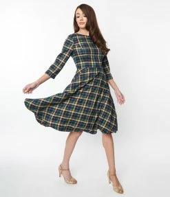 Lifestyle Group (UK) Ltd Navy & Yellow Plaid Heart Back Joy Swing Dress Clothing