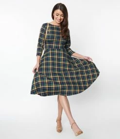 Lifestyle Group (UK) Ltd Navy & Yellow Plaid Heart Back Joy Swing Dress Clothing