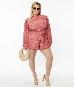 Rebel Love Plus Size Brown & Pink Floral Angel Sleeve Romper
