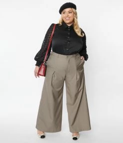 Unique Vintage Plus Size Warm Grey Wide Leg Pants New Arrivals!