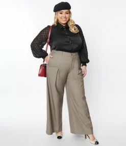 Unique Vintage Plus Size Warm Grey Wide Leg Pants New Arrivals!