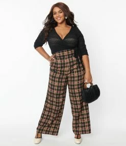 Trending Unique Vintage Plus Size Black & Beige Plaid High Waist Pants