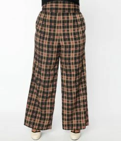 Trending Unique Vintage Plus Size Black & Beige Plaid High Waist Pants