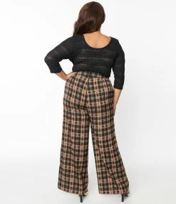 Trending Unique Vintage Plus Size Black & Beige Plaid High Waist Pants