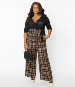 Trending Unique Vintage Plus Size Black & Beige Plaid High Waist Pants