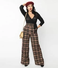 Unique Vintage Black & Beige Plaid High Waist Pants